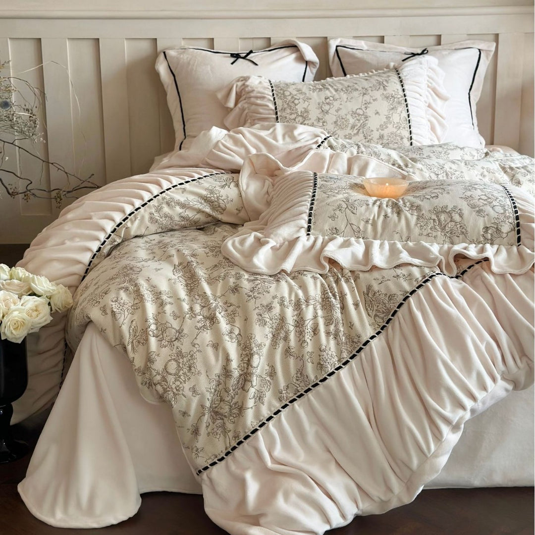 Romantic cotton satin bed linen set with ruffles, floral toile look and decorative pillow