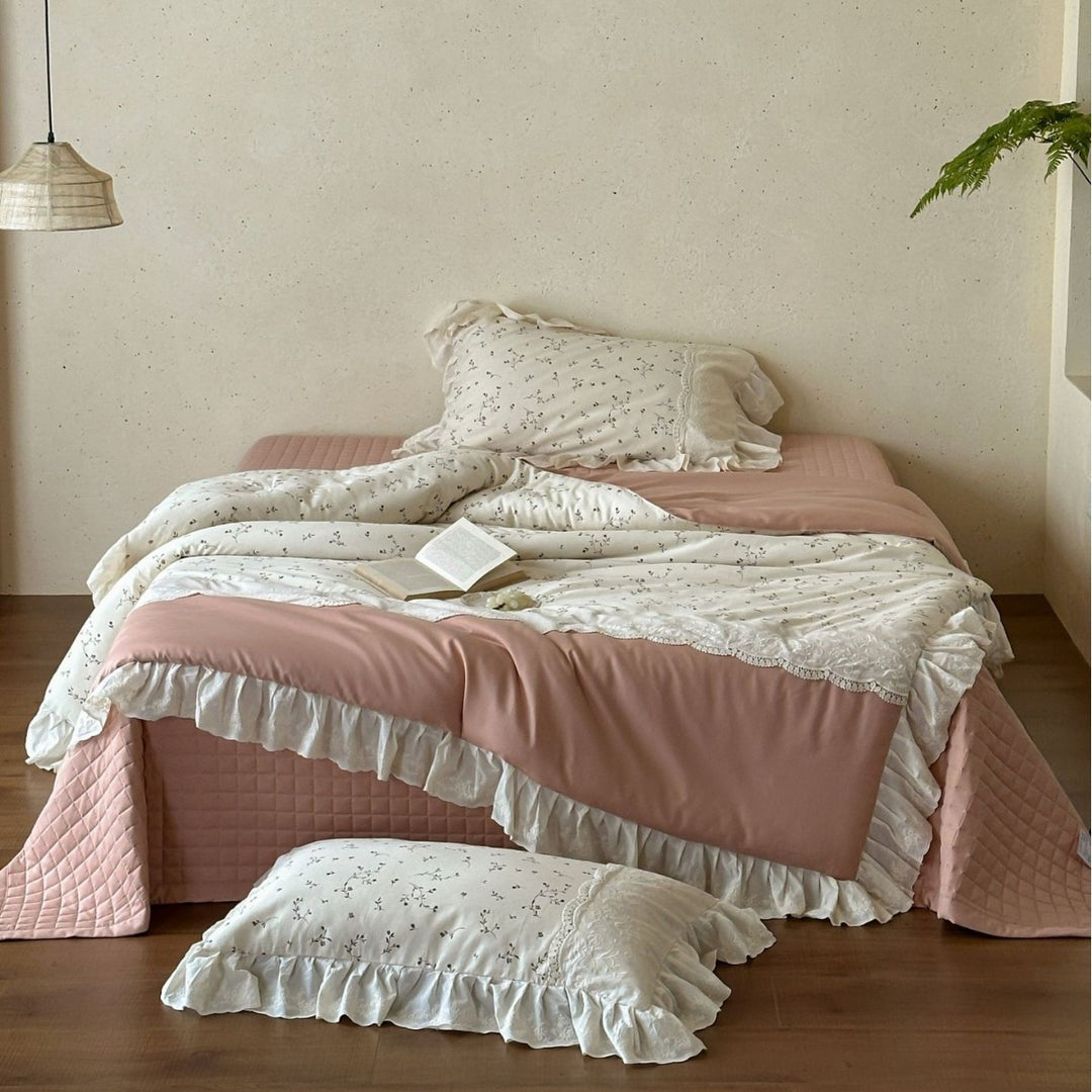 Floral Ruffled Cotton Duvet Cover and Pillowcase Bedding Set