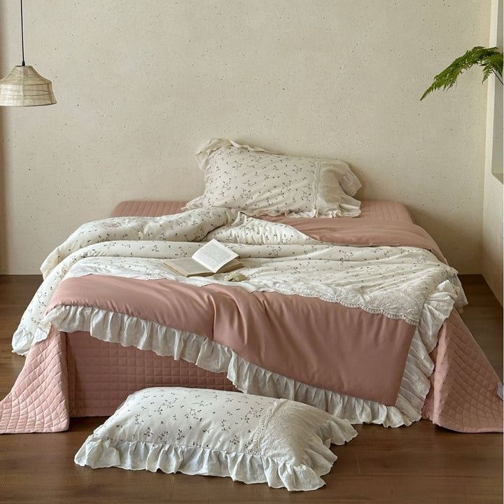 Floral Ruffled Cotton Duvet Cover and Pillowcase Bedding Set