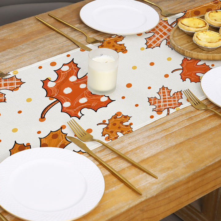 Autumn Cotton-Linen Decorative Table Runner with Pumpkin & Gingham Border