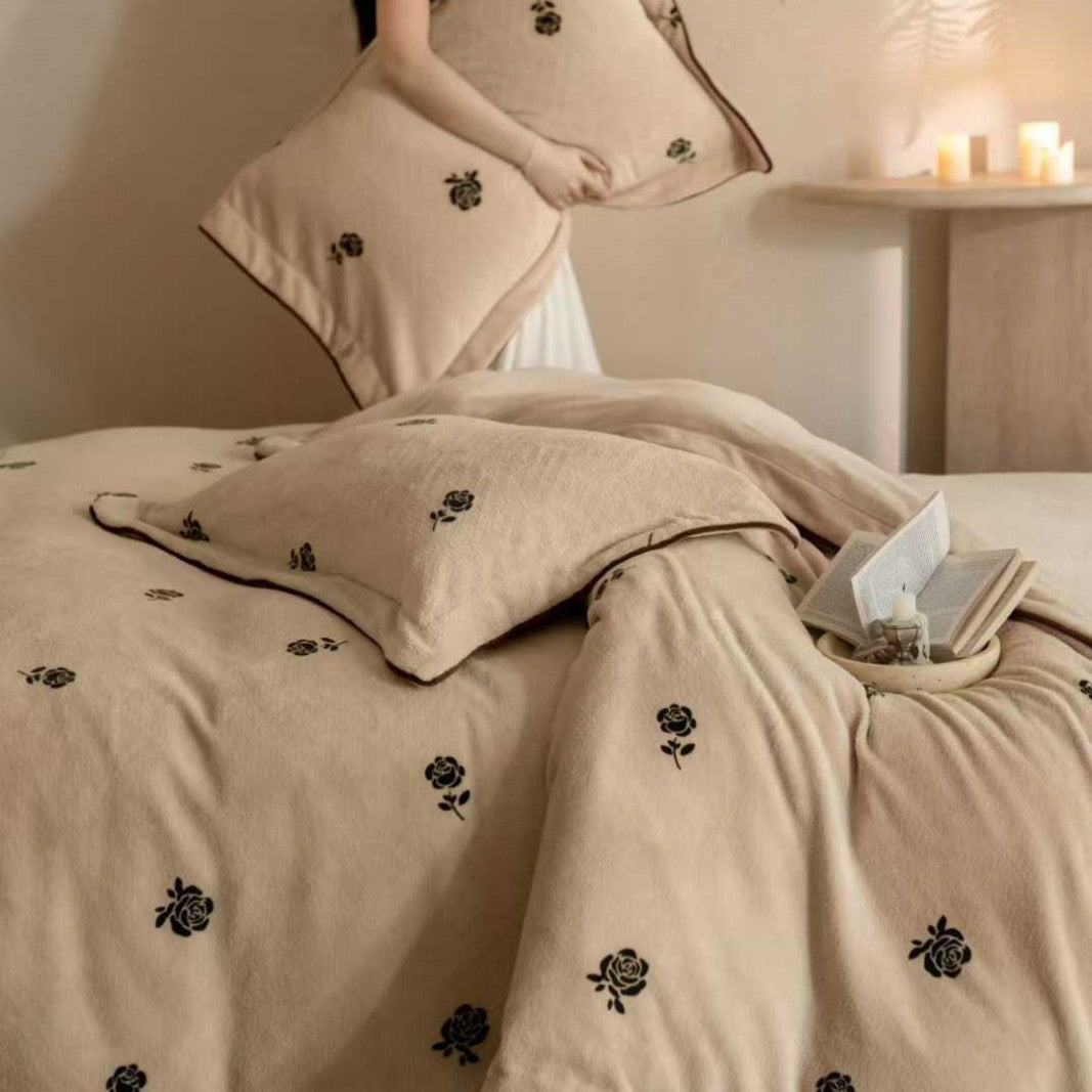 Luxury Embroidered Rose Duvet Cover Set with Contrast Piping