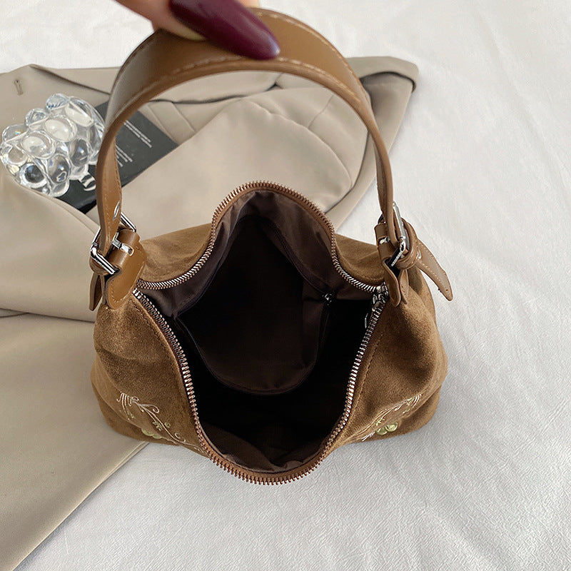 Embroidered Suede Hobo Handbag