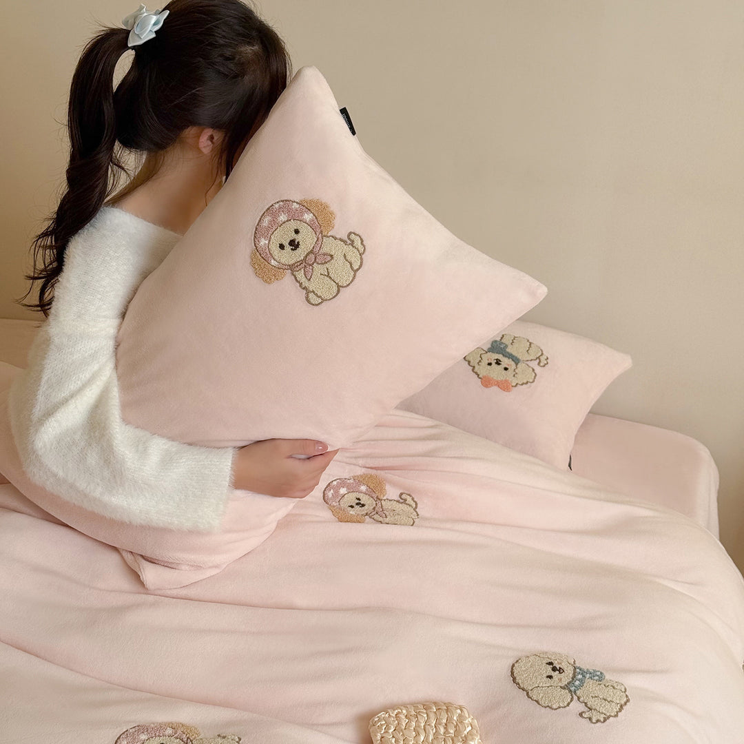 Embroidered Puppy Motif Cotton-Sateen Duvet Cover Set