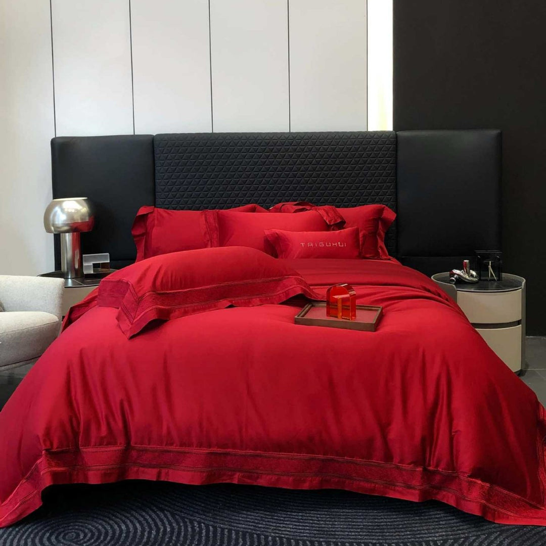 Satin bed linen set with elegant decorative border and gloss finish