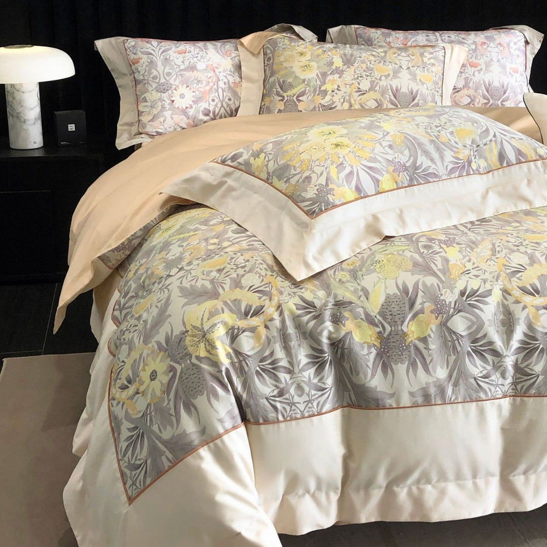 Luxurious cotton satin bedding set with floral print, ruffled bed skirt, and pillowcases
