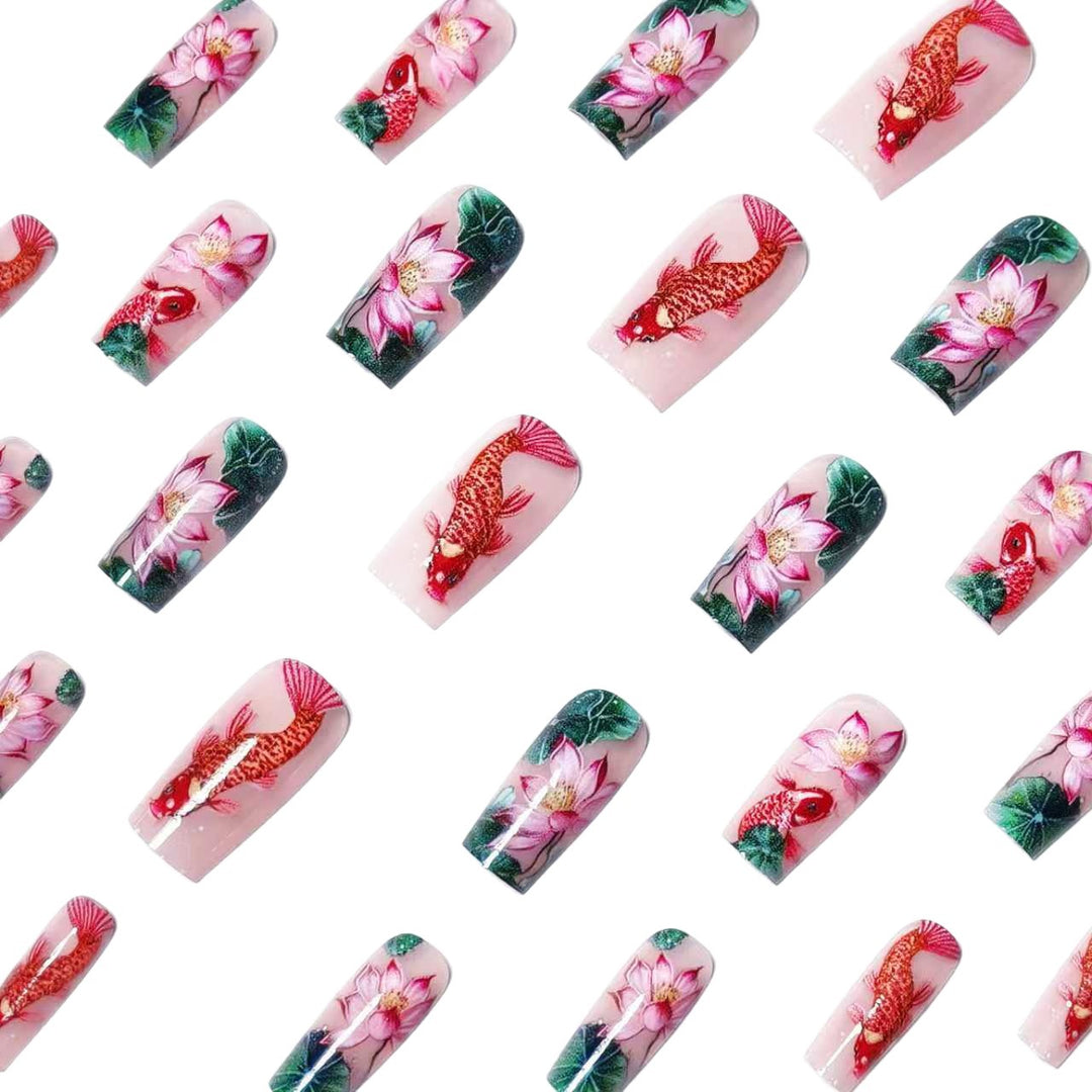 Artificial nails with floral lotus elements and koi pattern Stornfield