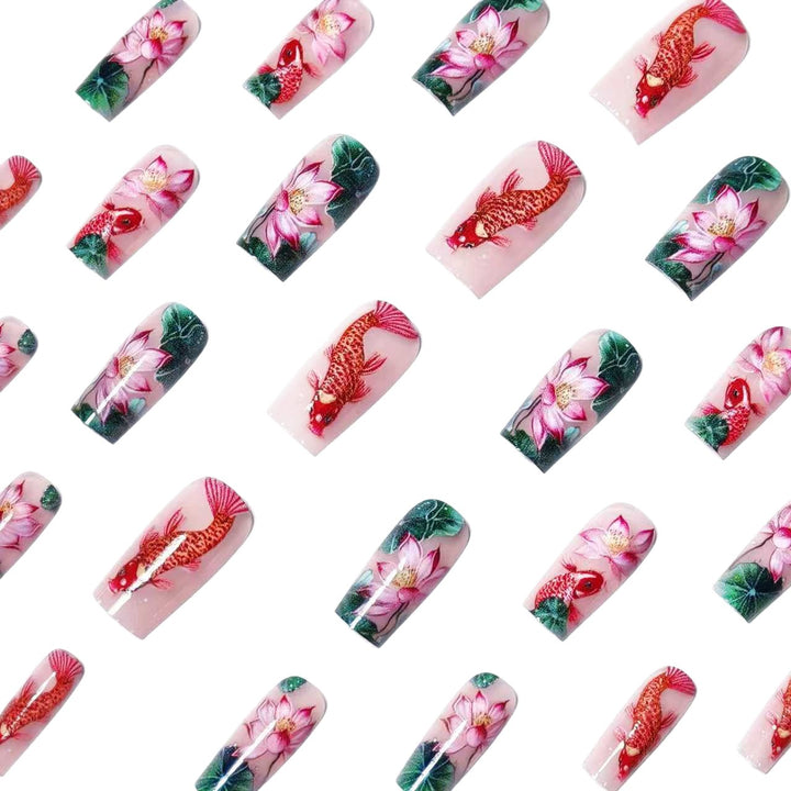 Artificial nails with floral lotus elements and koi pattern Stornfield