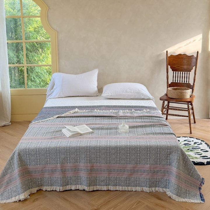 Oversized Woven Cotton Bedspread Throw with Fringe
