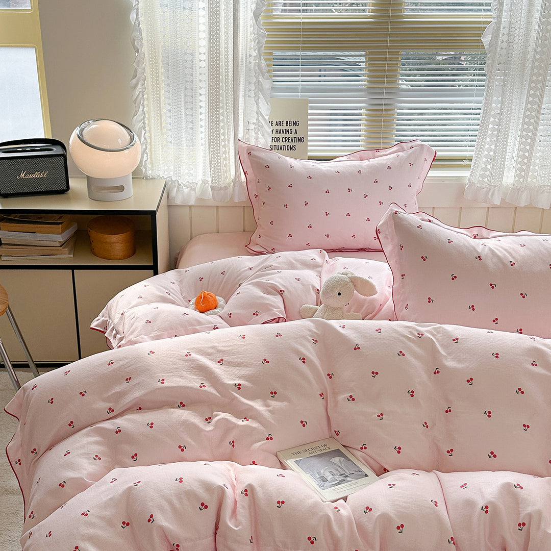 Cherry-Printed Cotton Duvet Cover Bedding Set