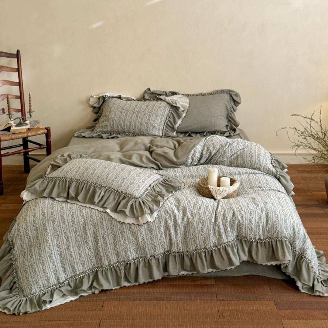 Ruffled Floral Stripe Cotton Duvet Cover and Sham Set