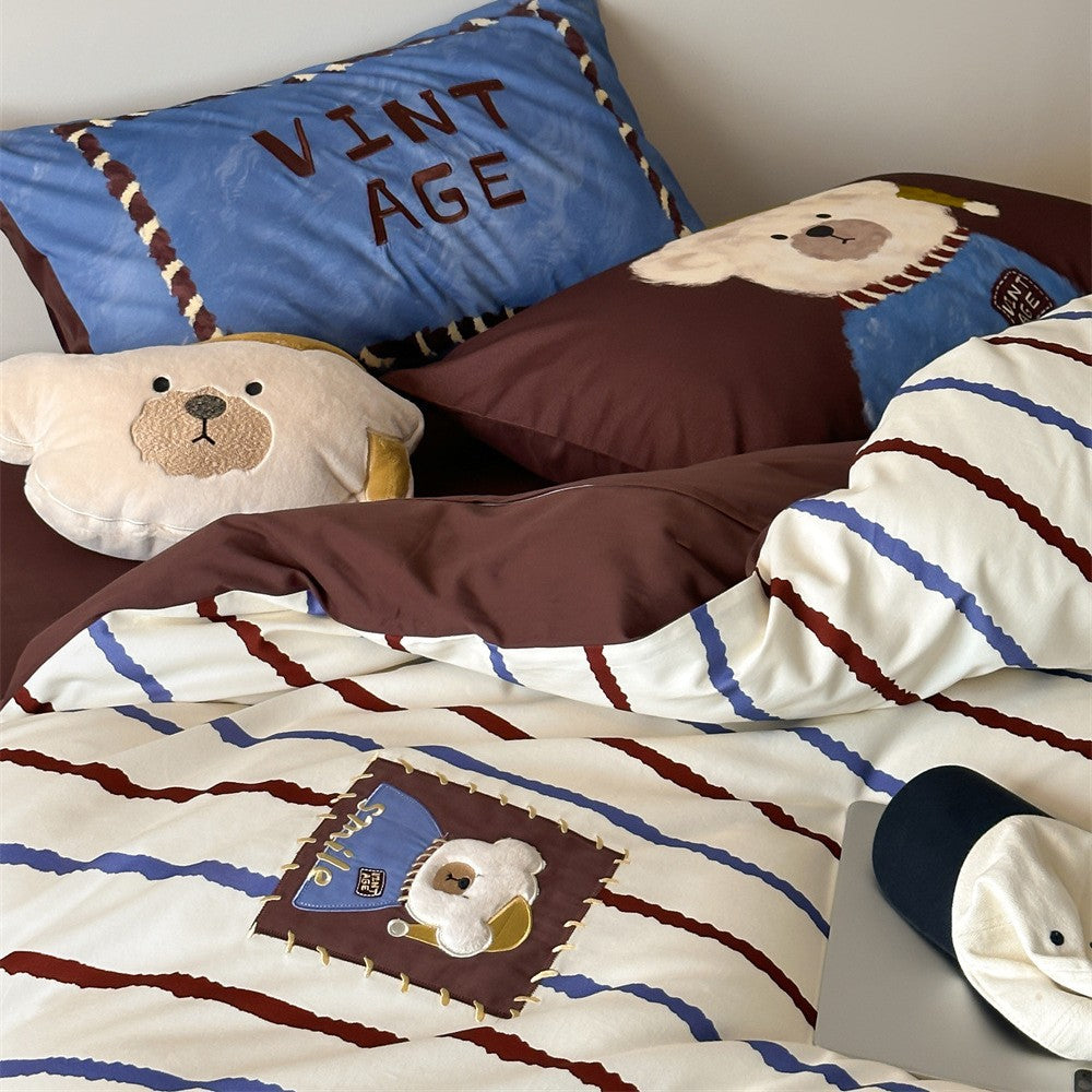Plush Reversible Striped Fleece Duvet Cover Set with Embroidered Bear Patch
