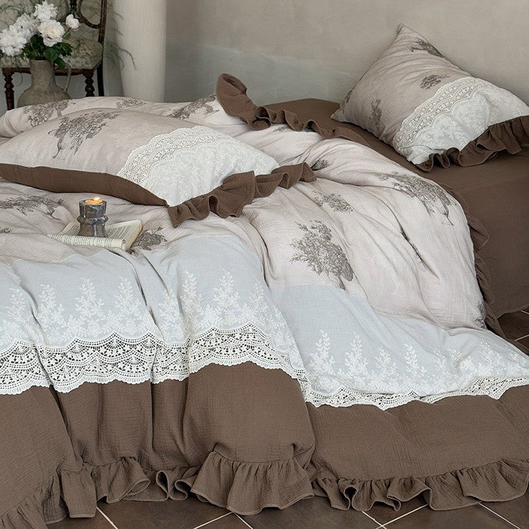 French country house bed linen set made of cotton percale with crochet lace trim