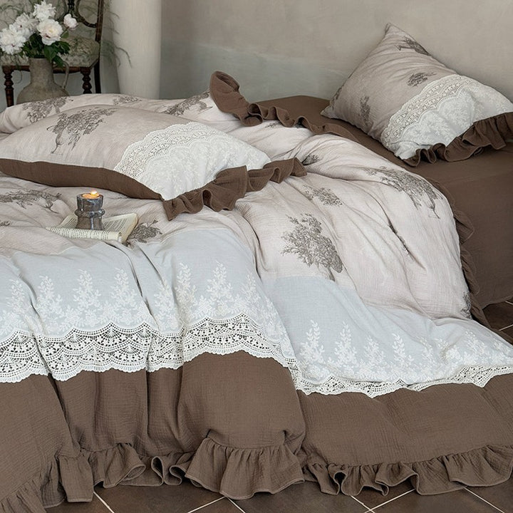 French country house bed linen set made of cotton percale with crochet lace trim