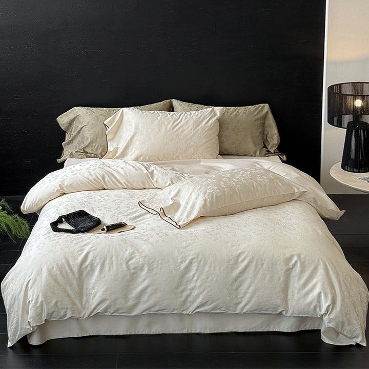 Subtle Floral Jacquard Duvet Cover Set with Piped Oxford Shams & Hidden Zipper