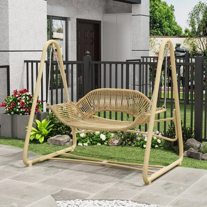 Woven rattan outdoor swing loveseat with padded cushions and powder-coated steel frame Stornfield