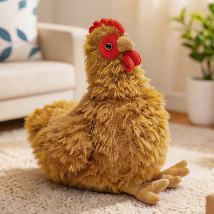 Lifelike Plush Hen Floor Cushion with Fluffy Faux Fur and Embroidered Face Stornfield