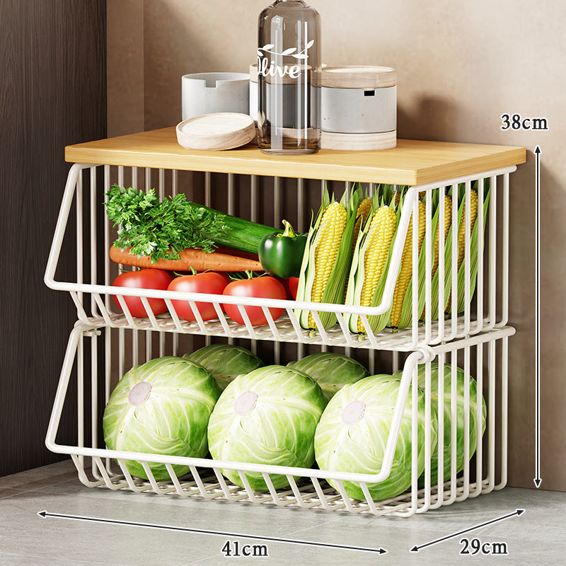 Multi-Tier Rolling Kitchen Pantry Cart with Wood Top and Deep Wire Storage Baskets