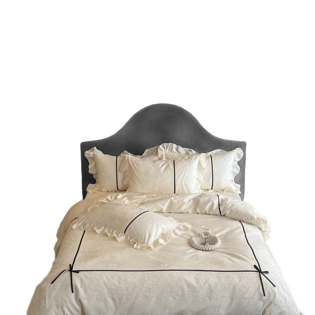 French-Style Jacquard Damask Duvet Cover Ensemble with Ruffle Hem & Lace Appliqué