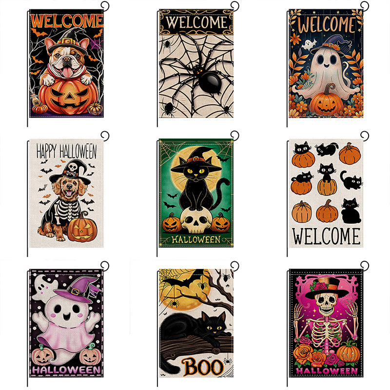 Decorative Double-Sided Halloween Garden Flag with Skeleton Pumpkin and Rose Illustration