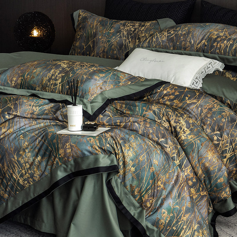 Luxurious bedding set made of cotton satin with delicate grass print and satin hem