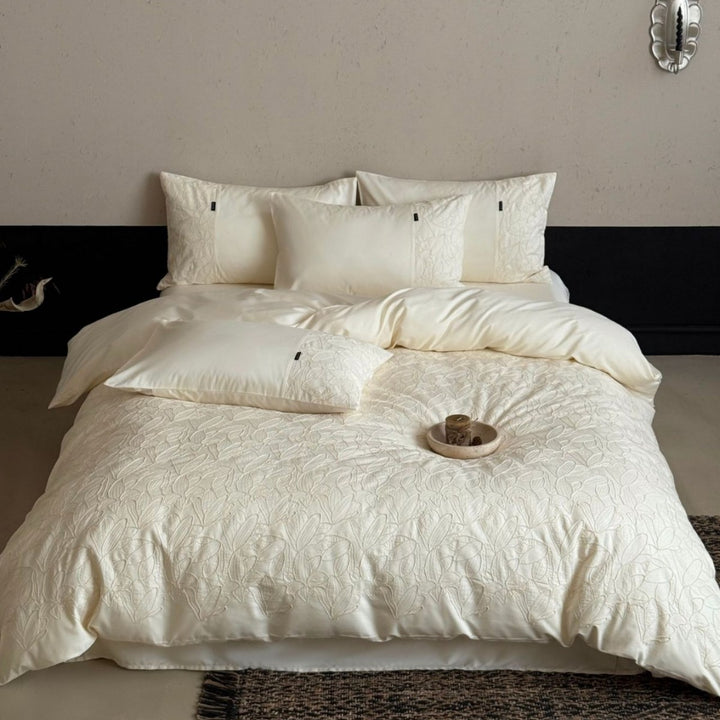 Luxurious cotton satin bedding set with embroidered leaf relief