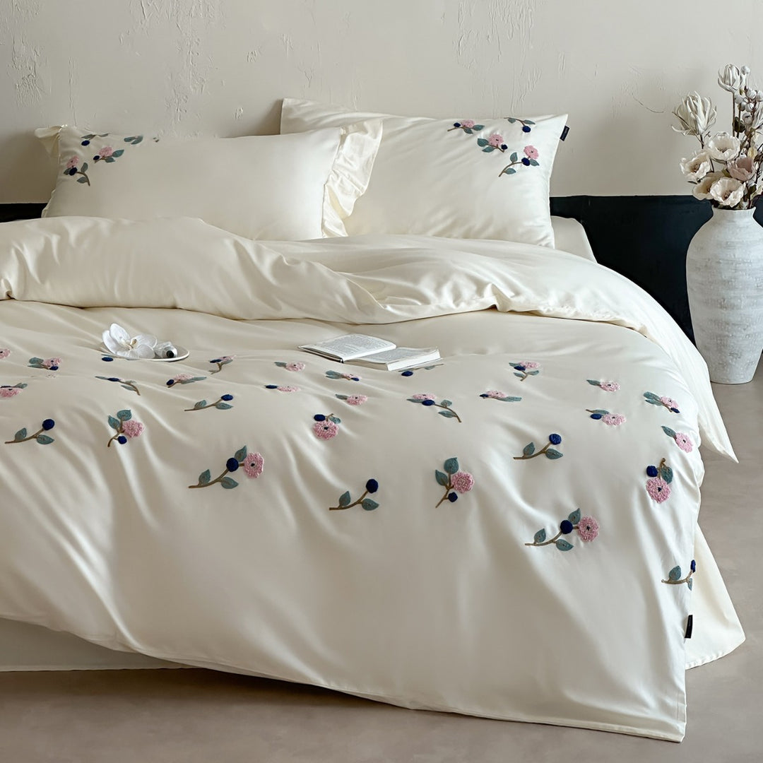 Floral Embroidered Satin-Feel Duvet Cover Set with Pillow Shams