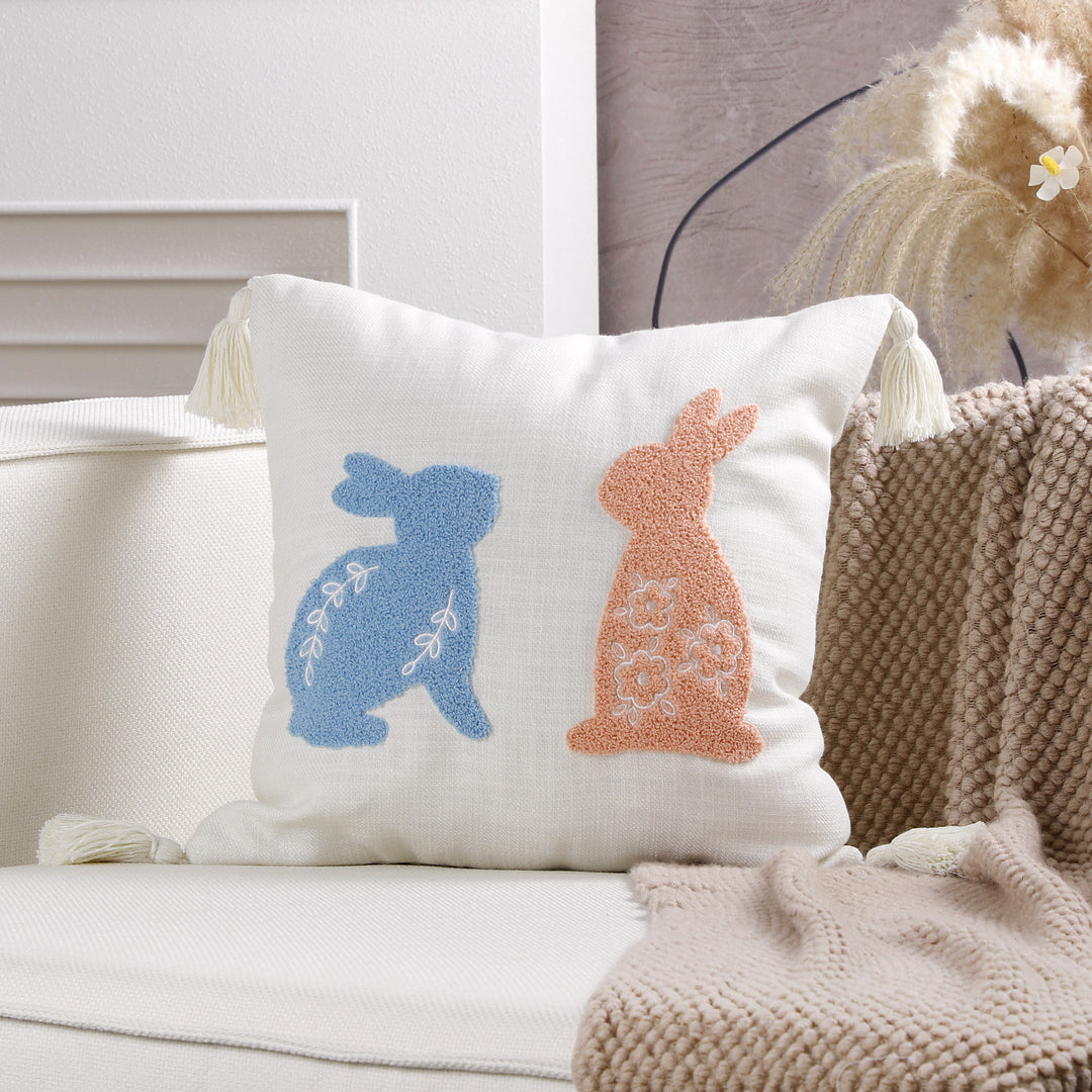 Embroidered Bunny Appliqué Tassel Lumbar Pillow Cover