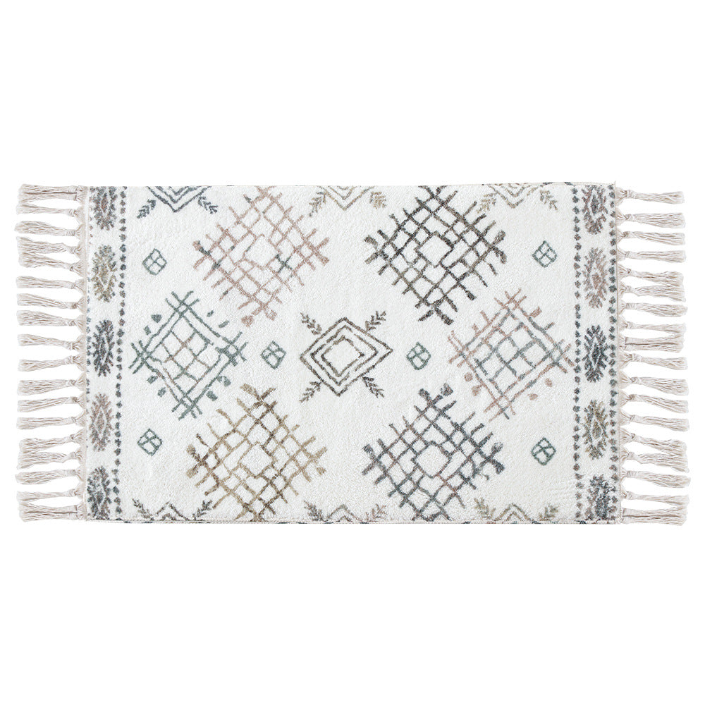 Boho cotton bath mat with fringes and geometric diamond pattern Stornfield