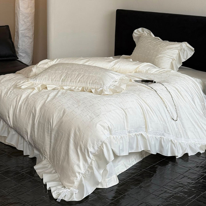 Ruffled Jacquard Bow-Pattern Sateen Duvet Cover Set with Lace Trim and Pillow Shams