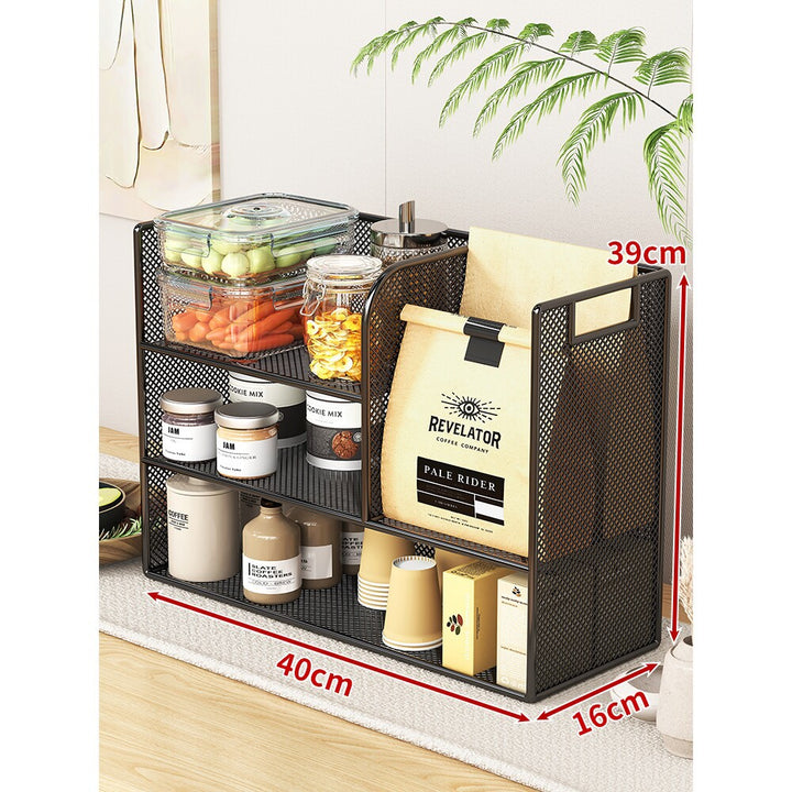 Metal Mesh Countertop Pantry Organizer with Multi-Tier Shelves and Vertical Bag Compartment