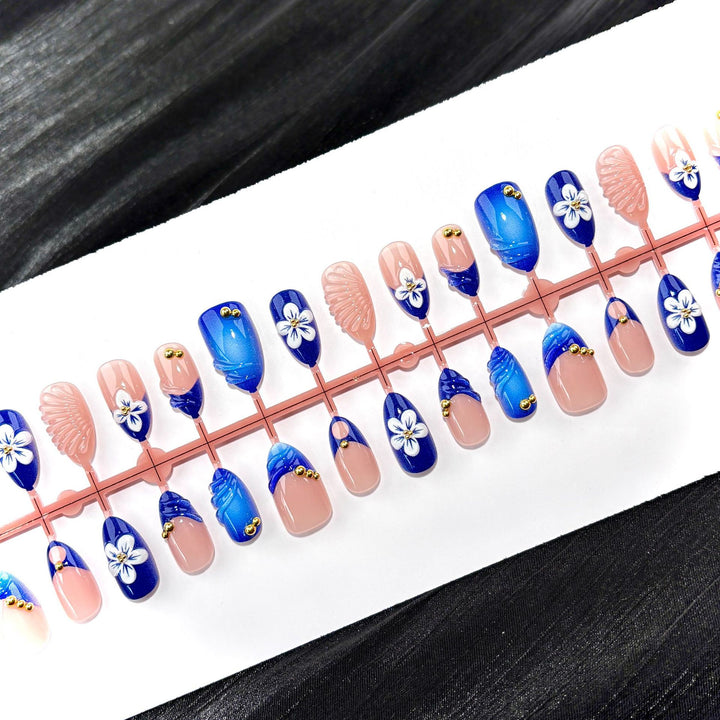 Artistic Press-On Nail Set with Floral and Jewel Accents