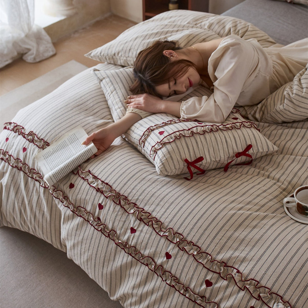 Striped Cotton-Linen Ruffled Heart-Embroidered Duvet Cover Set