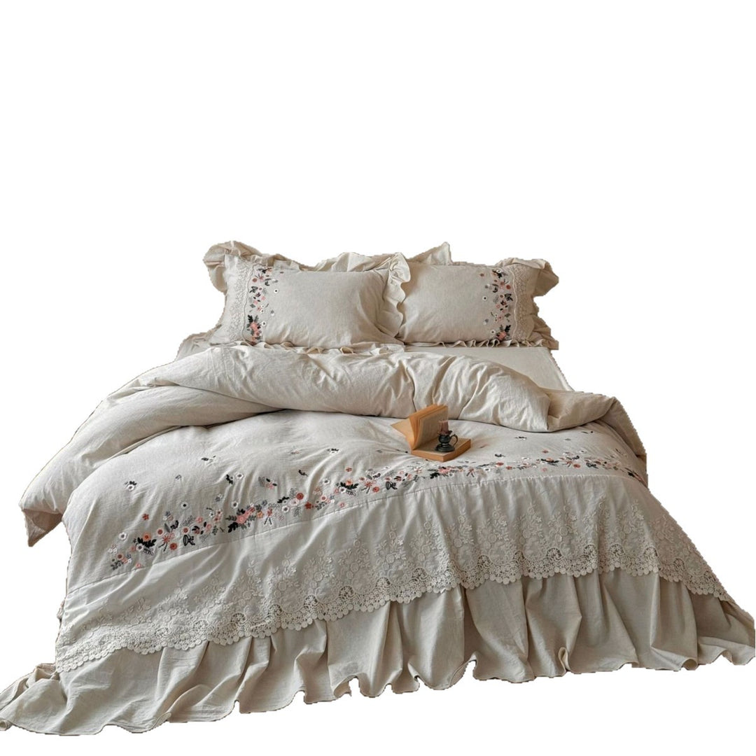Embroidered Ruffled Cotton Duvet Cover and Pillowcase Set with Lace Trim