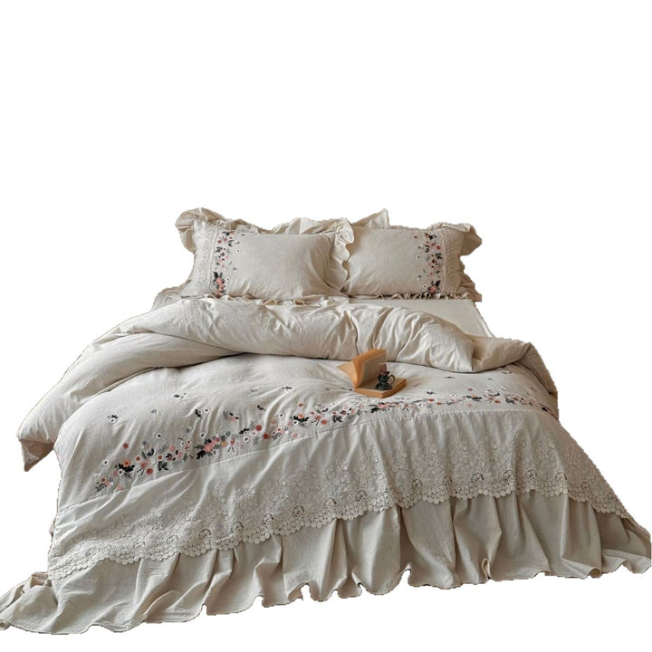 Embroidered Ruffled Cotton Duvet Cover and Pillowcase Set with Lace Trim