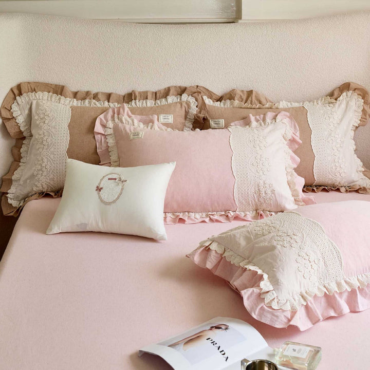 Vintage-Inspired Ruffled Eyelet Lace Cotton-Linen Duvet Cover Set