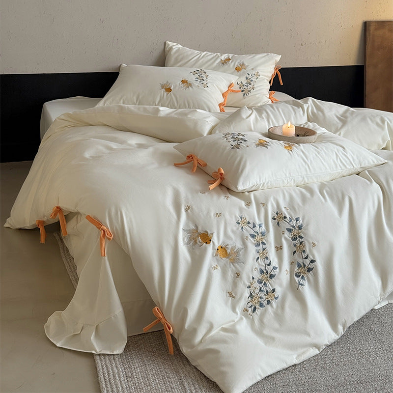 Embroidered Cotton-Sateen Duvet Cover Set with Goldfish Motif and Tie-Bow Closures