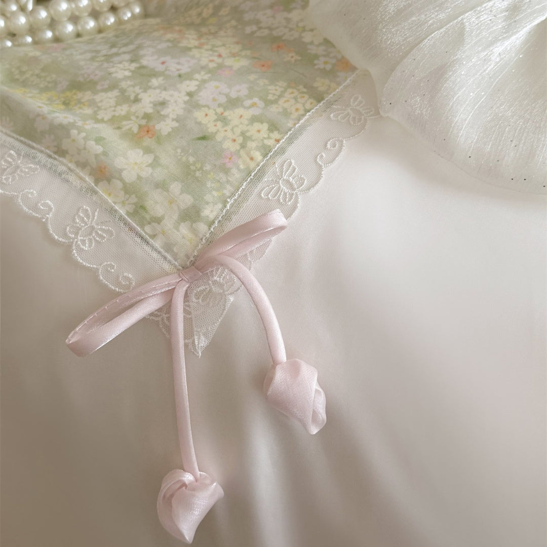 Romantic Ruffled Satin Duvet Cover Set with Floral Panel and Lace Trim
