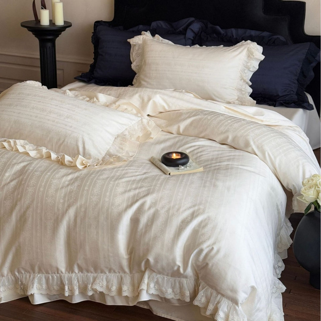 Vintage-Inspired Frilled Jacquard Cotton Duvet Cover Set