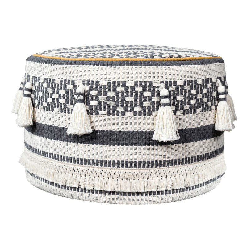 Beef padded seat pouf with ethnic jacquard pattern and sturdy canvas cover