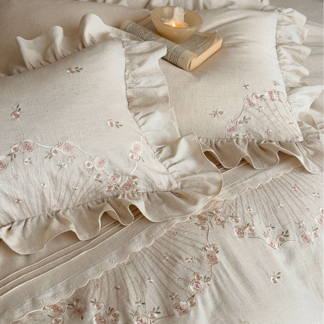 Ruffled Embroidered Linen Duvet Cover Set with Frilled Sham Pillowcases