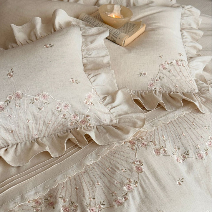 Ruffled Embroidered Linen Duvet Cover Set with Frilled Sham Pillowcases