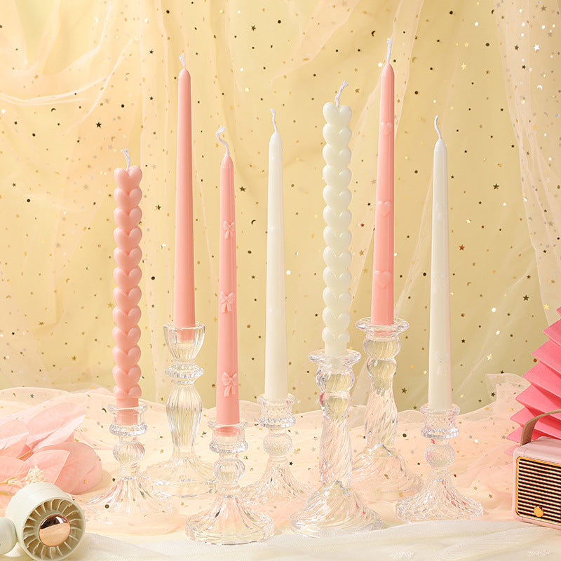 Embossed Bow-Accent Long Taper Candle Pair for Table Centerpiece