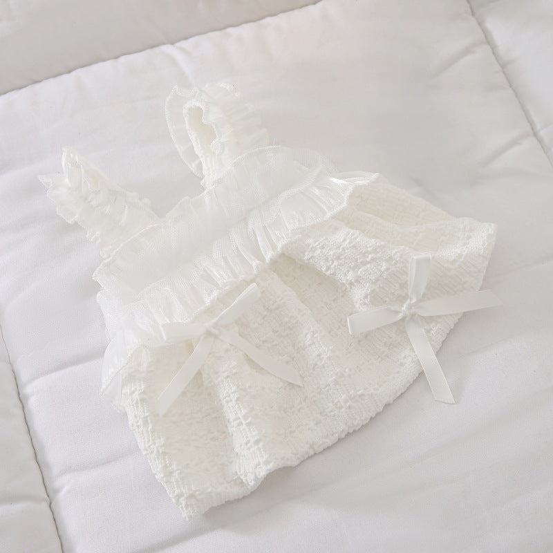 Infant Ruffle-Strap Textured Romper Dress with Organza Trim & Satin s