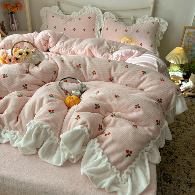 Ruffled Cherry-Print Quilted Comforter and Pillow Sham Set