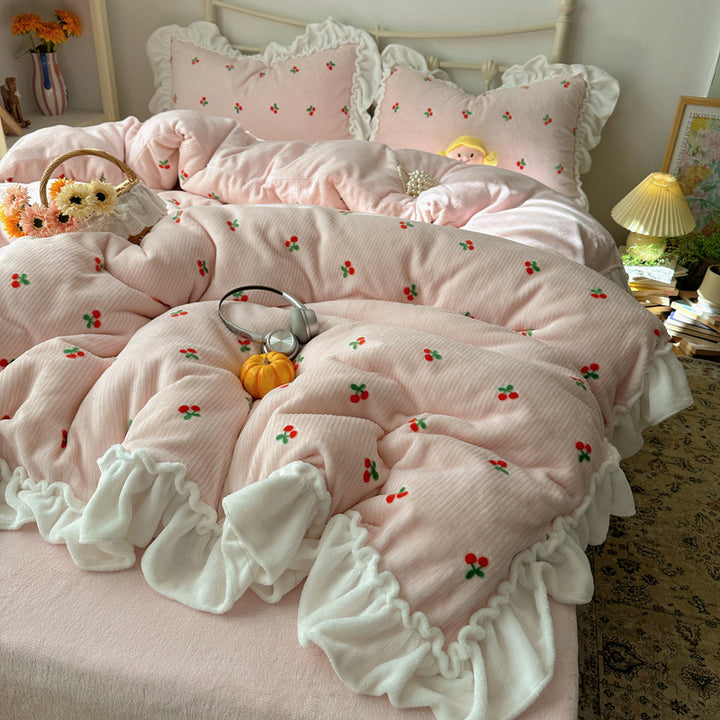 Ruffled Cherry-Print Quilted Comforter and Pillow Sham Set