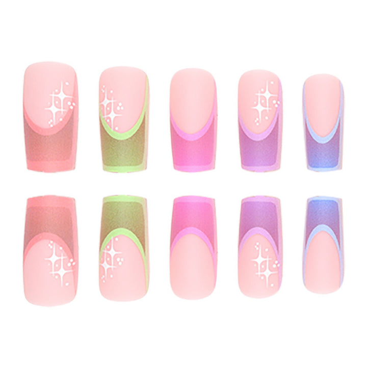 Acrylic nail set with colorful geometric designs and glitter accents Stornfield