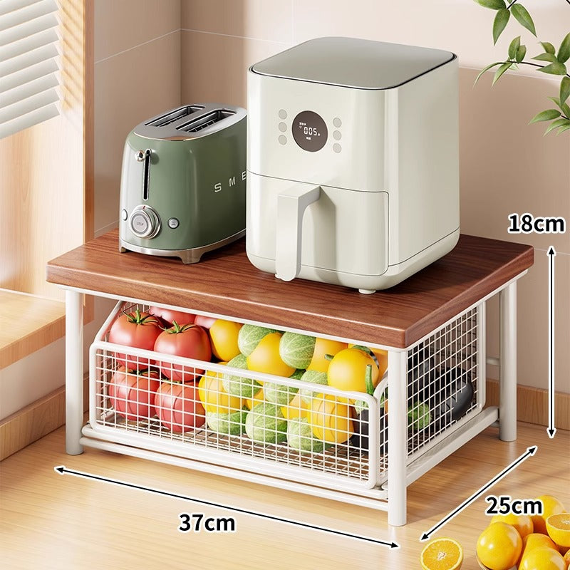 Countertop Bamboo-Top Metal Mesh Sliding Storage Shelf with Pull-Out Basket