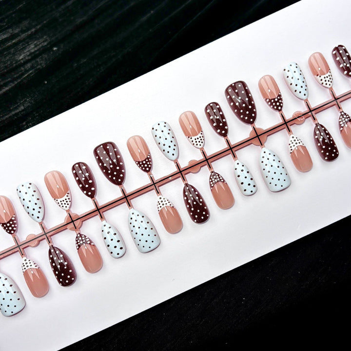 Decorative Press-On Nail Art Set with Polka Dot and Striped Design