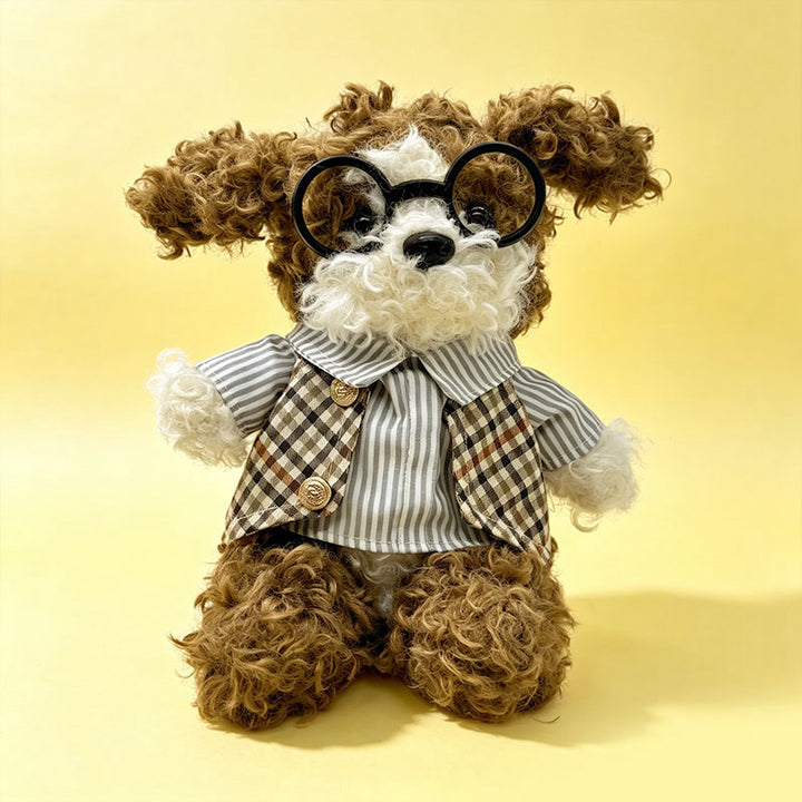 Curly-Fur Sitting Puppy Plush with Round Glasses & Plaid 'LOVE' Bandana Stornfield