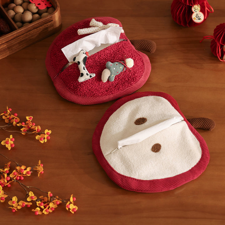 Wall-mounted handkerchief bag in apple shape with handle, plush applications and opening for tissues